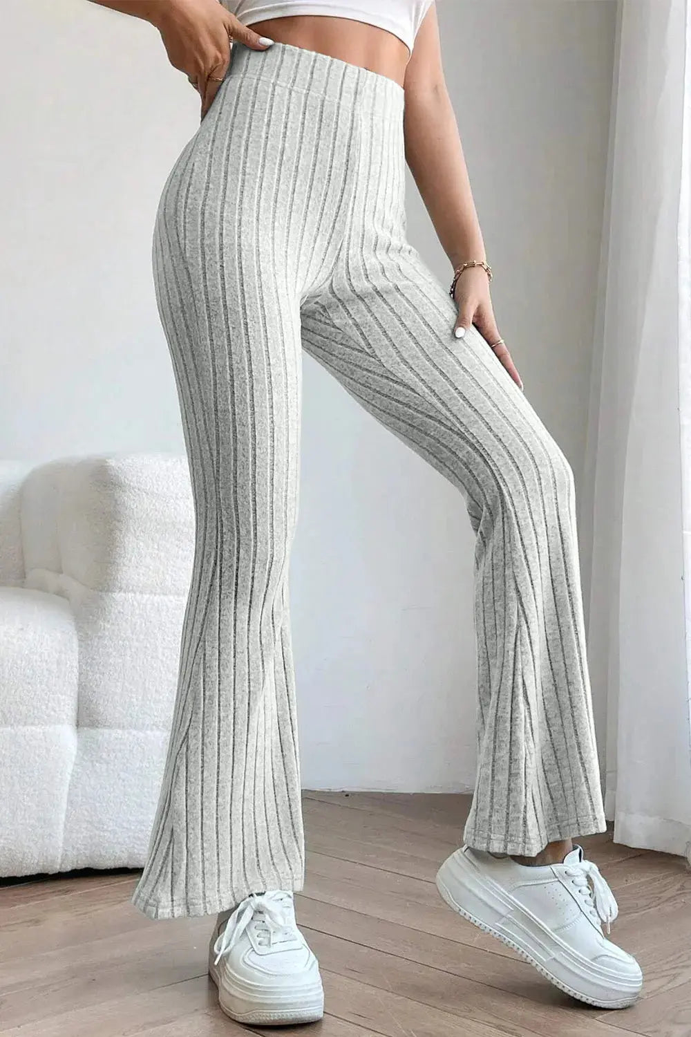 Basic Bae Full Size Ribbed High Waist Flare Pants - Love Salve